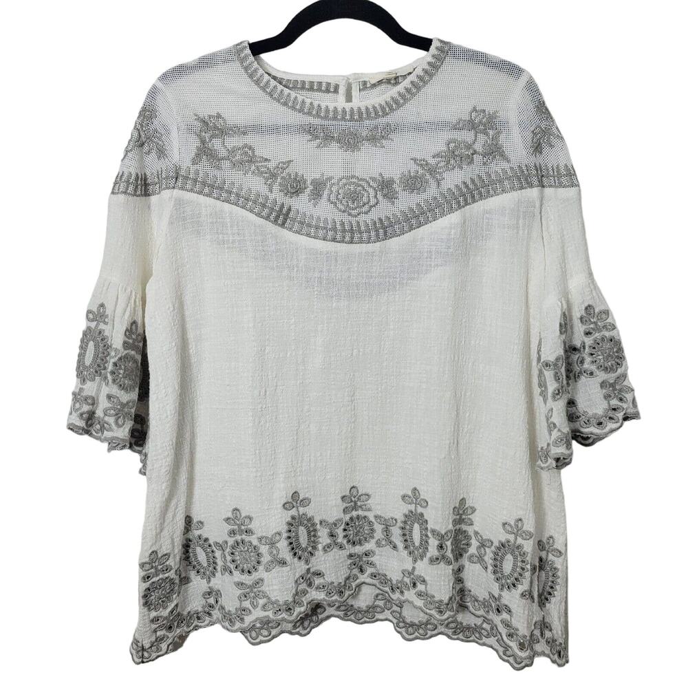 Easel Womens Size M White Grey Eyelet Embroidered Bohemian Boho Blouse Rayon